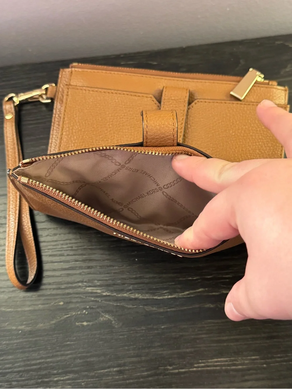 Michael Kors Tan Pebbled Leather Wristlet with Gold Hardware